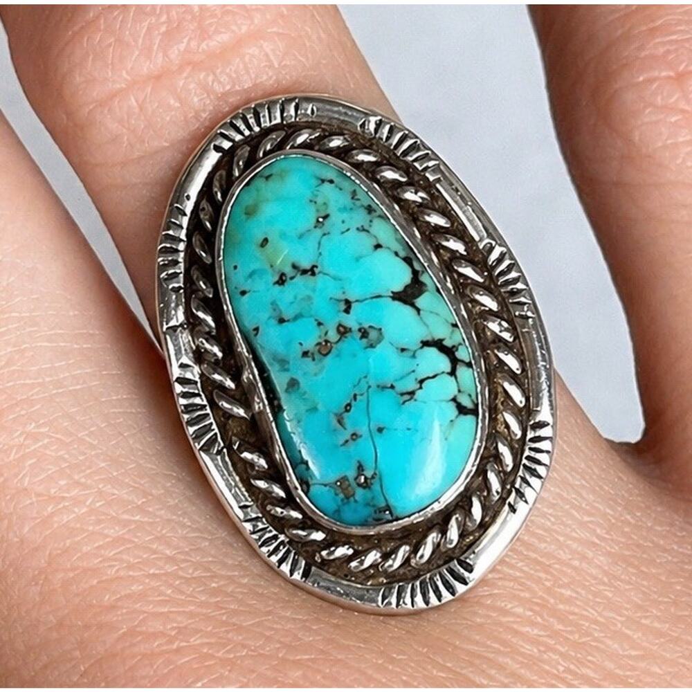 Vintage Navajo Turquoise Ring Sterling Silver Sz 6.5 Blue Southwestern Statement